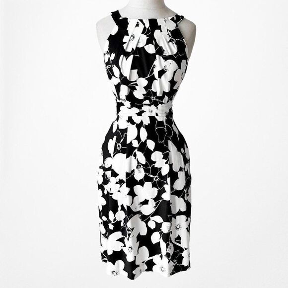 Roz Ali Black White Floral Pleated Flared Knee Length Cocktail Dress Size M - Picture 3 of 7